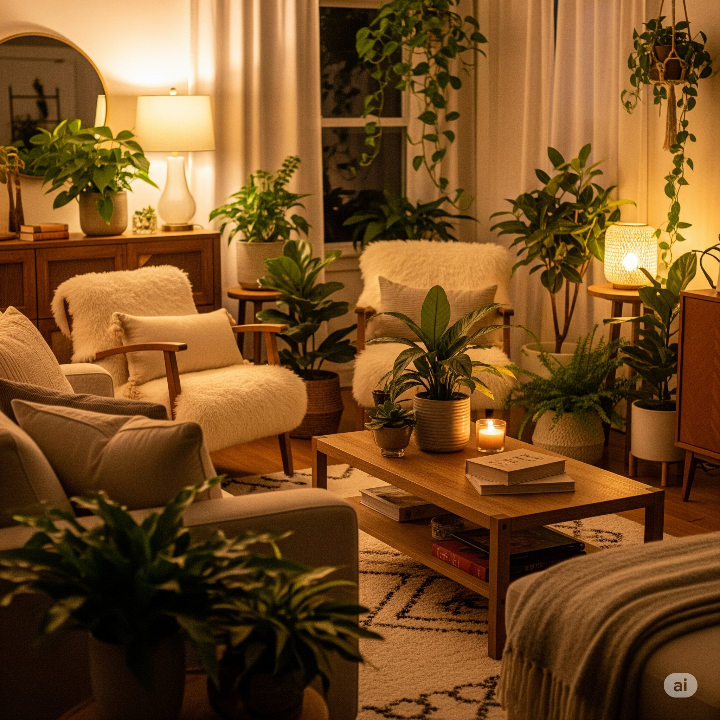 아늑하고 따뜻한 조명이 켜진 거실, 다양한 식물과 편안한 가구가 배치된 힐링 공간