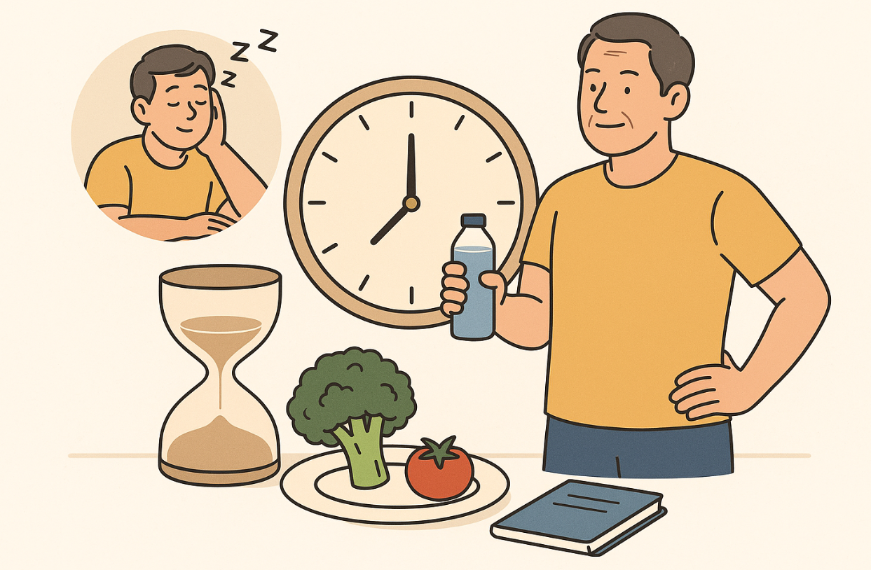 간헐적 단식과 건강 루틴을 실천하는 중년 남성의 일러스트