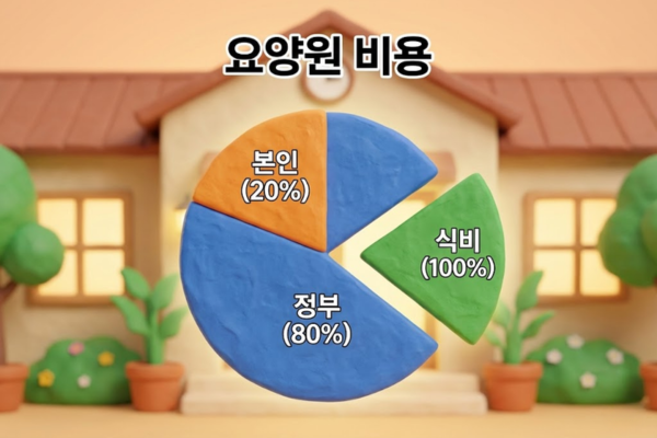 요양원 비용 국가지원 80%와 본인부담금 20% 및 비급여 식비 구조 그래프