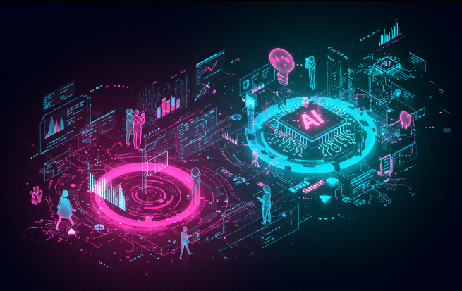 AI 에이전트가 인간과 협력하는 추상적 미래 비주얼, 화려한 네온 컬러, 배경에 떠 있는 코딩 패턴, 역동적이고 영감을 주는 아트 이미지