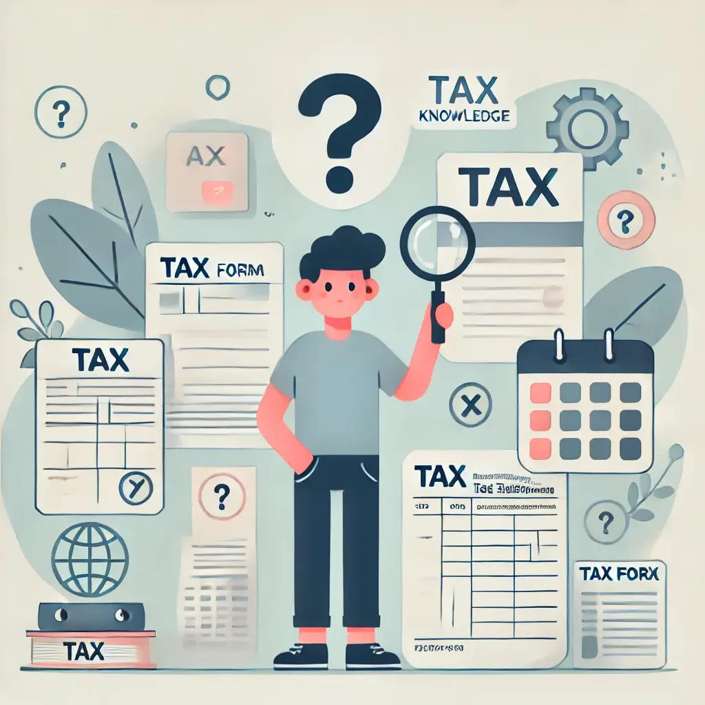 사회 초년생이 세금 서류와 계산기를 보며 세금 정보를 배우는 모습을 묘사한 친근한 일러스트