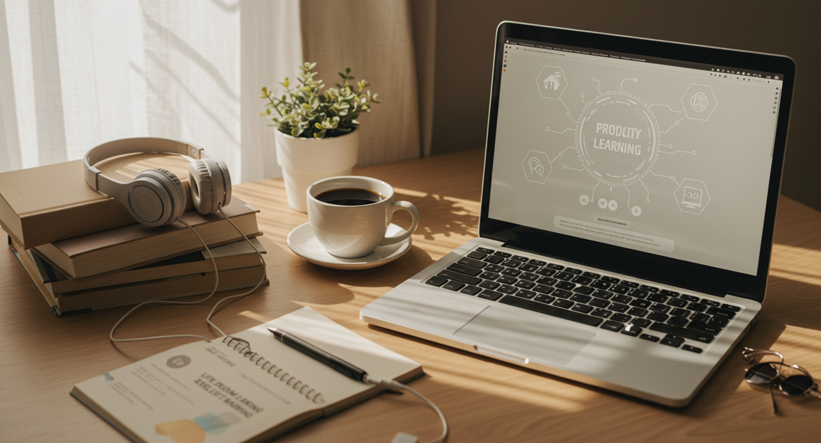 책상위에 노트북과 노트, 책, 커피, 화분등이 놓여있다