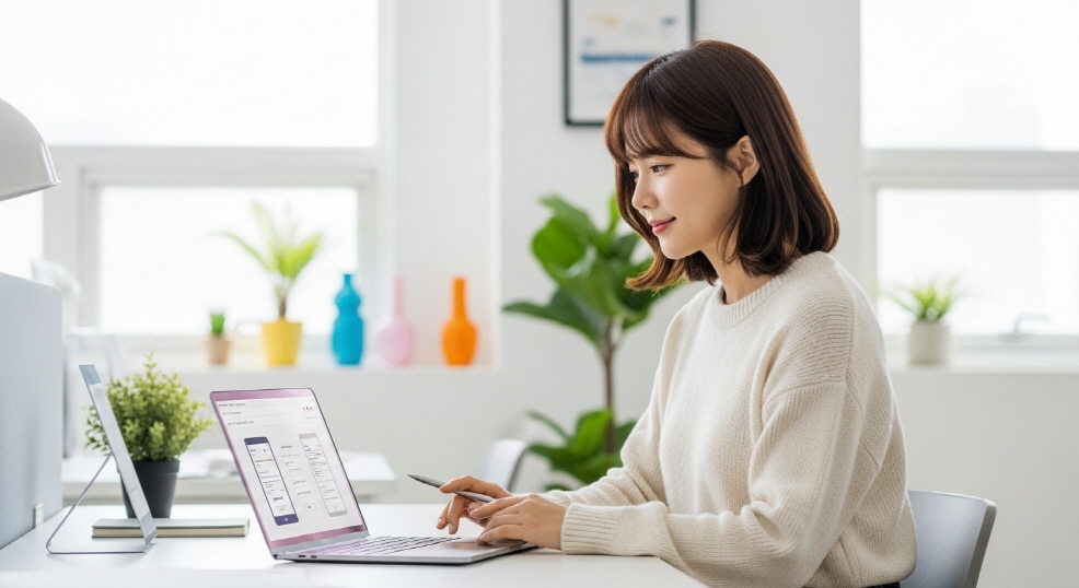 밝은 사무실에서 노트북으로 신청방법을 확인하는 여성