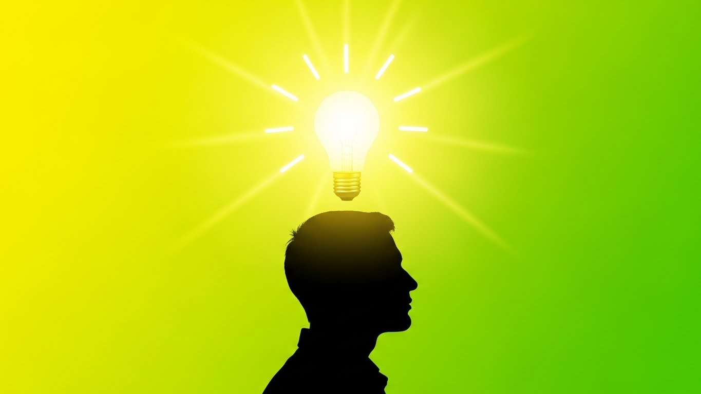 A person with a bright glowing lightbulb above their head, symbolizing realization and knowing a fact. Minimalist style. Bright yellow and green colors.