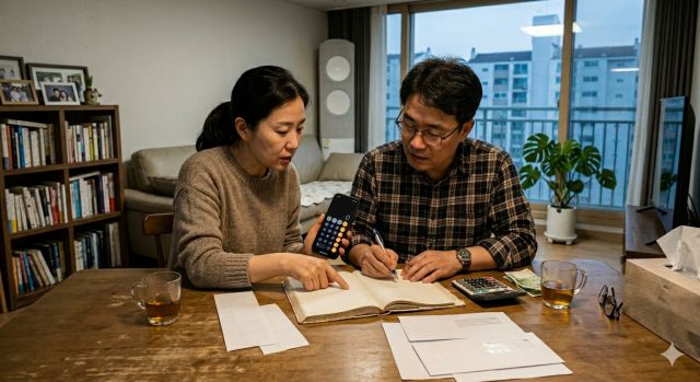 2026 중위소득 기준 확인을 위해 가계부를 보는 한국 가정