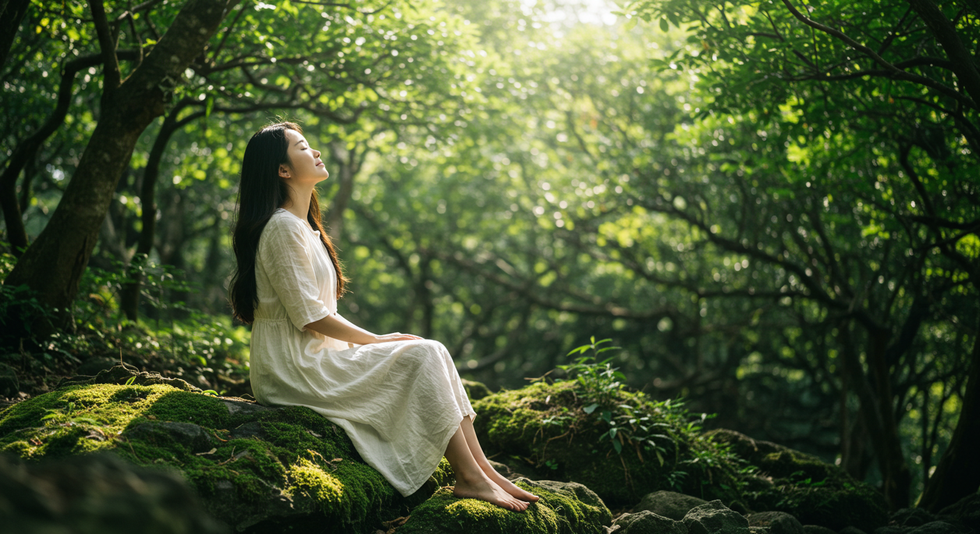 제주 숲속에서 편안하게 숨을 쉬며 힐링하는 한국인 여성