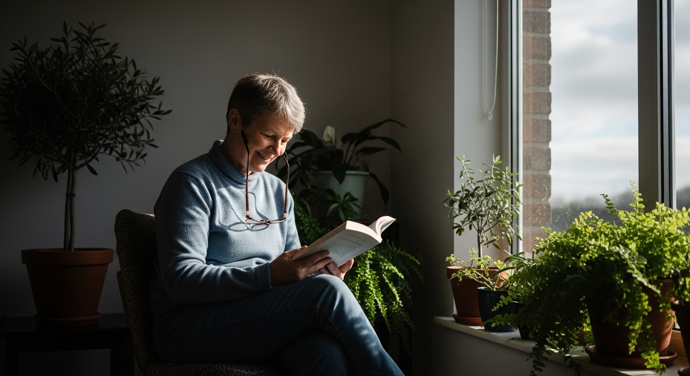 조용하고 햇살 가득한 공간에서 취미를 즐기며 내면의 평화와 진정한 자신을 발견한 50대 여성의 모습.