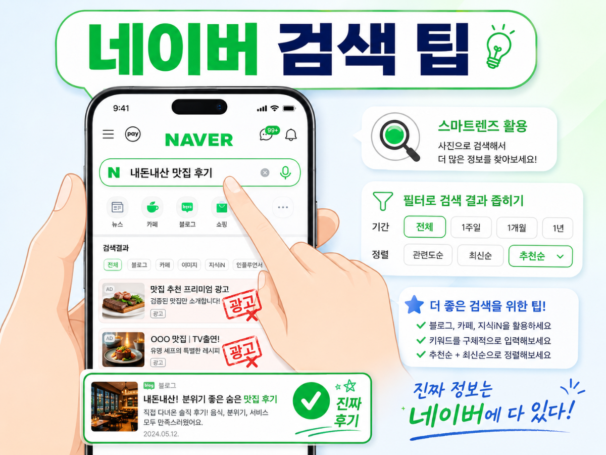 <img src="image.jpg" alt="네이버 스마트렌즈와 검색 필터를 활용해 내돈내산 맛집 정보를 찾는 모습"
