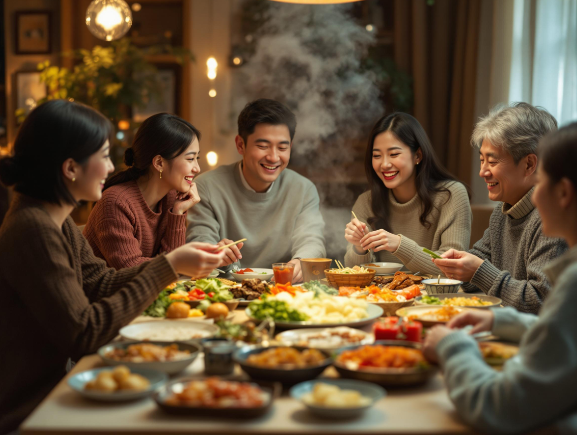 명절에 가족이 모여앉아 즐겁게 식사하는 모습