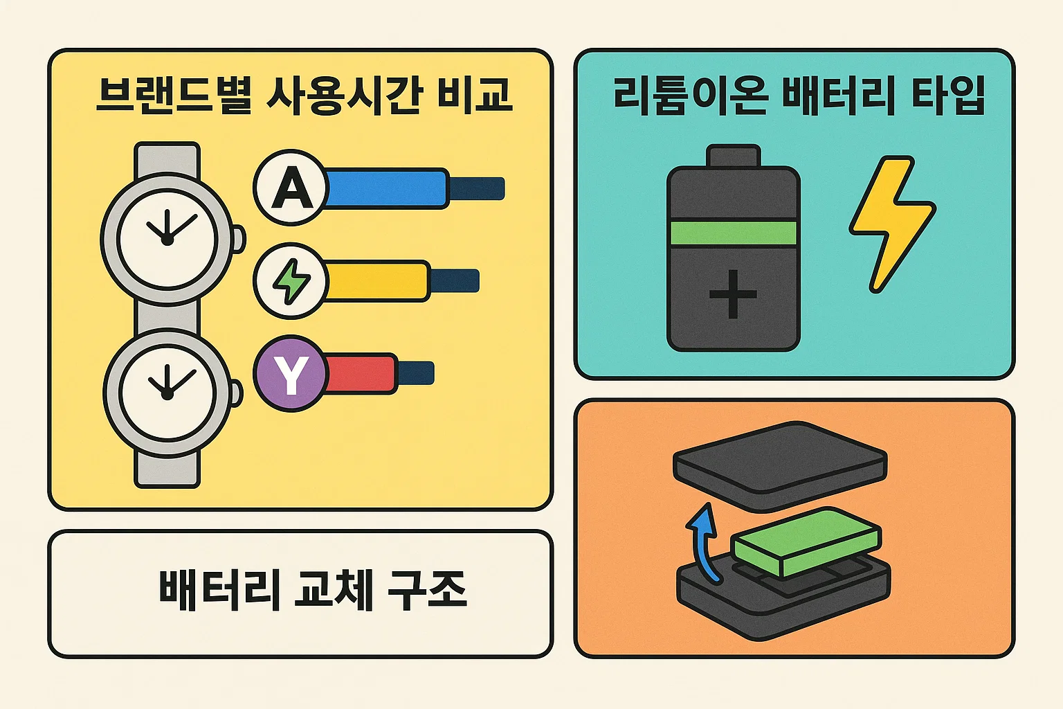 브랜드별 평균 사용시간, 리튬이온 배터리 타입, 교체 구조를 시각적으로 비교한 2025년 무선청소기 배터리 수명 분석 인포그래픽입니다.