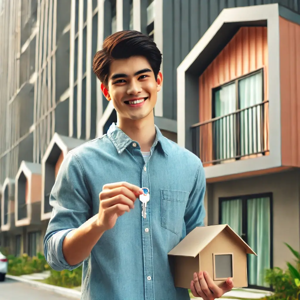 작은 아파트 앞에서 열쇠를 들고 청년 주거 지원 혜택에 기뻐하는 젊은 남성의 초고해상도 사진