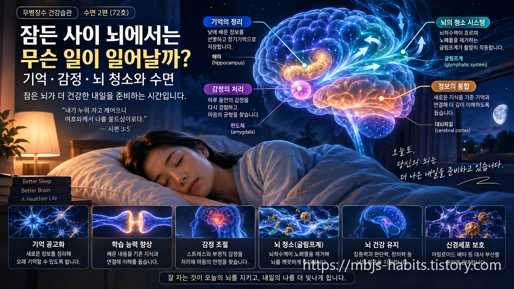잠든 사람과 뇌의 모습을 통해 수면 중 기억 공고화, 감정 조절, 글림프계의 뇌 노폐물 처리, 정보 통합 과정을 보여주는 수면 2편 이미지