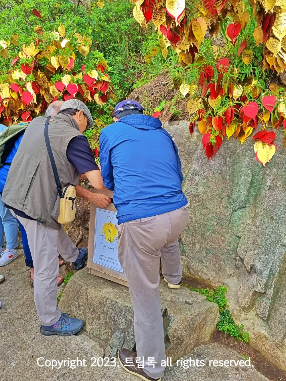 두사람이 네모난 소원지 박스 위에서 소원을 적고 있가. 그 양 옆 나무엔 소원지가 많이 걸려있다.