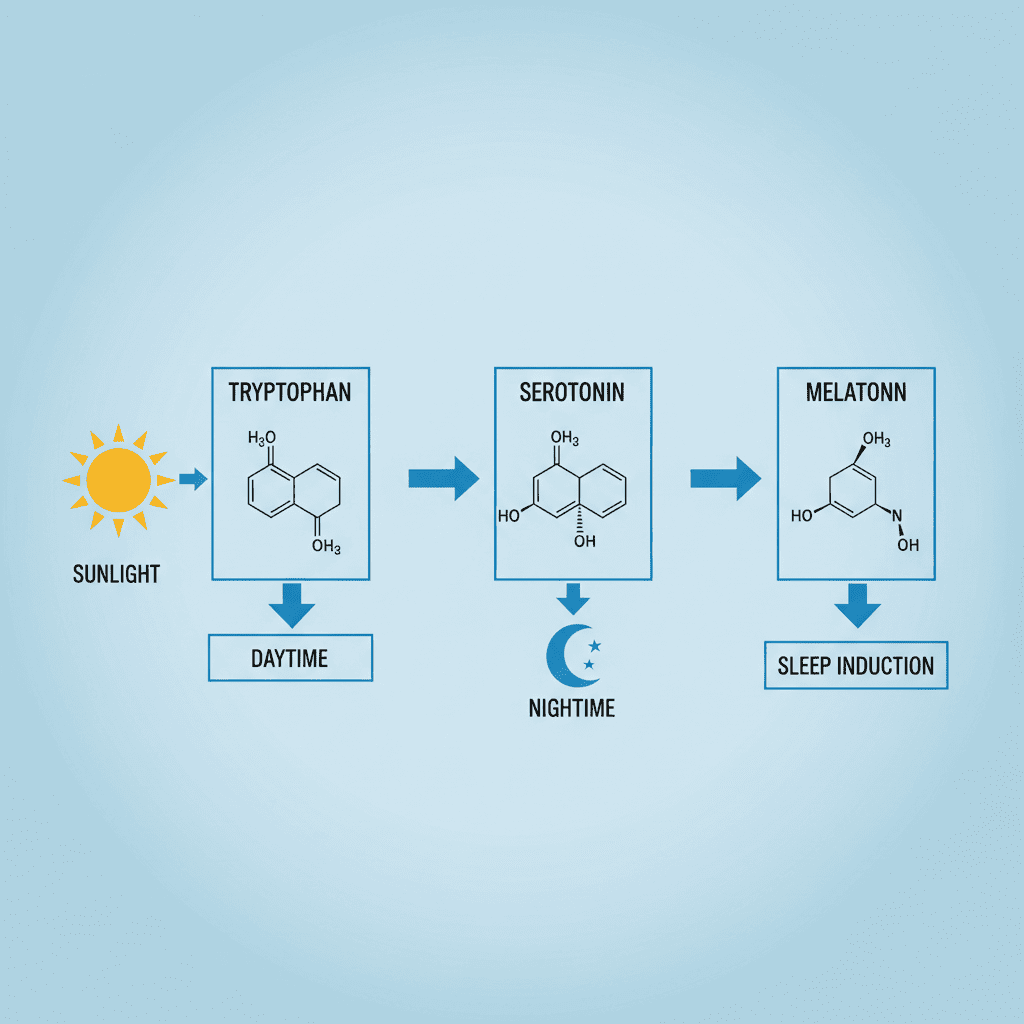 햇빛 → 세로토닌 → 멜라토닌 → 수면 유도” 과정을 단계별로 보여주는 인포그래픽