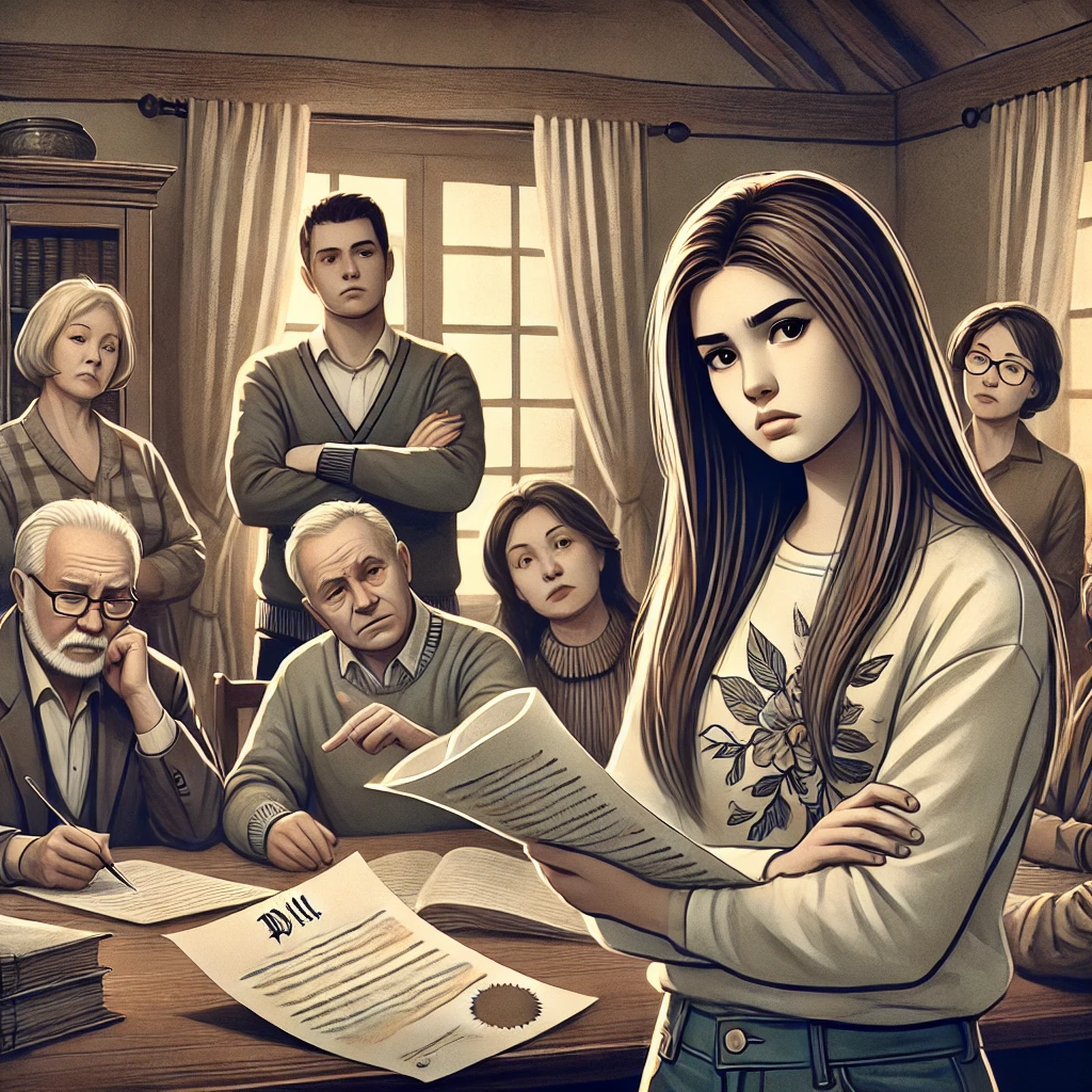 부모님의 유언장을 읽는 가족들, 한쪽 자녀가 불만스러운 표정으로 서 있는 장면