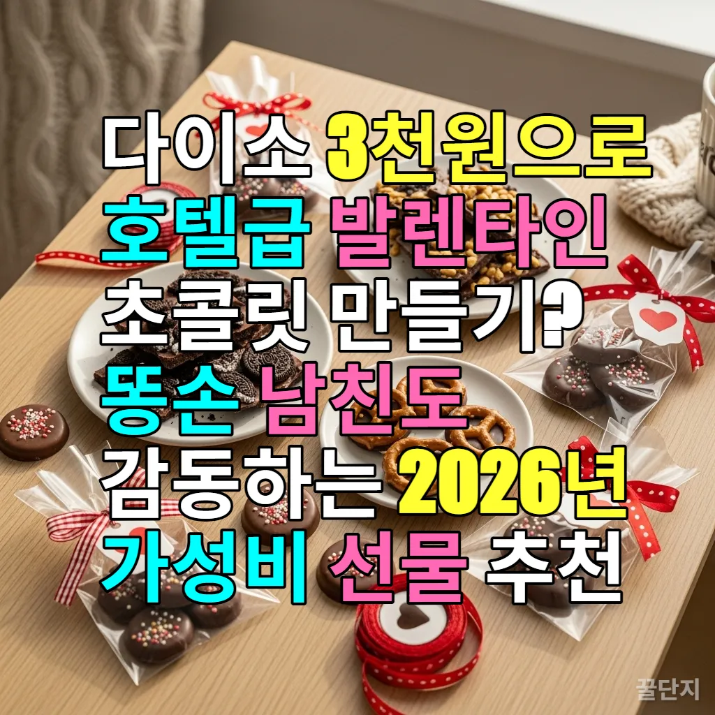 다이소 재료로 만든 수제 바크 초콜릿과 프레첼 바이트가 한국 가정집 나무 테이블 위에 예쁘게 놓여 있는 모습