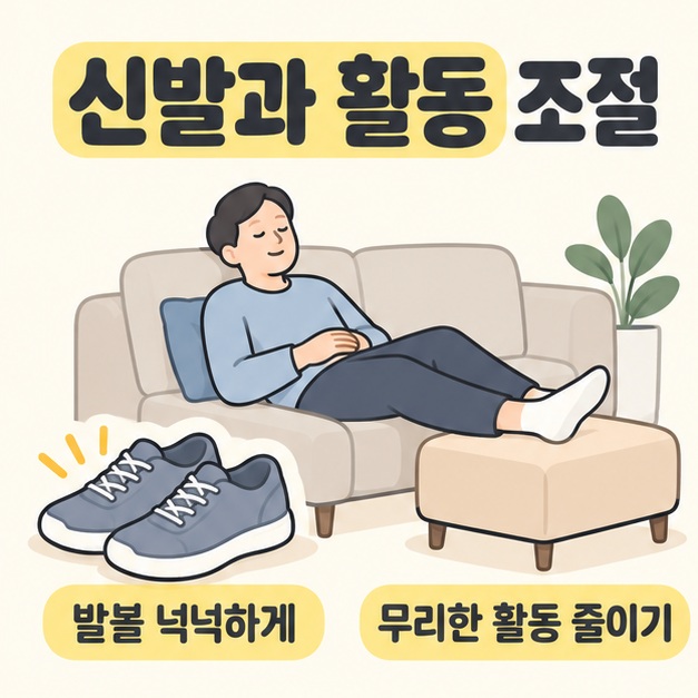 신발과 활동 조절 제목 아래 발을 받침대에 올리고 쉬는 사람과 발볼이 넉넉한 운동화, 무리한 활동 줄이기 안내