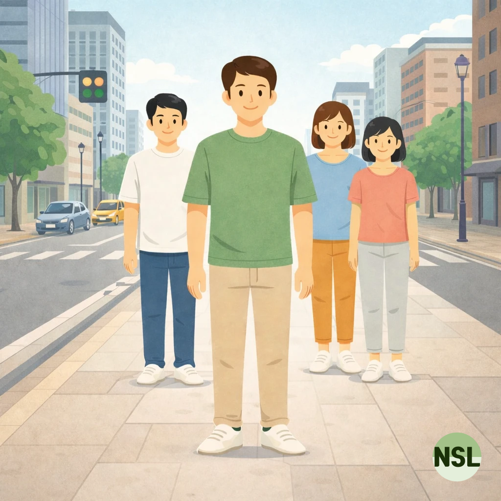 도심 거리에서 걷는 인물이 낮의 활동을 상징하고 밤의 수면으로 이어지는 리듬을 표현한 장면