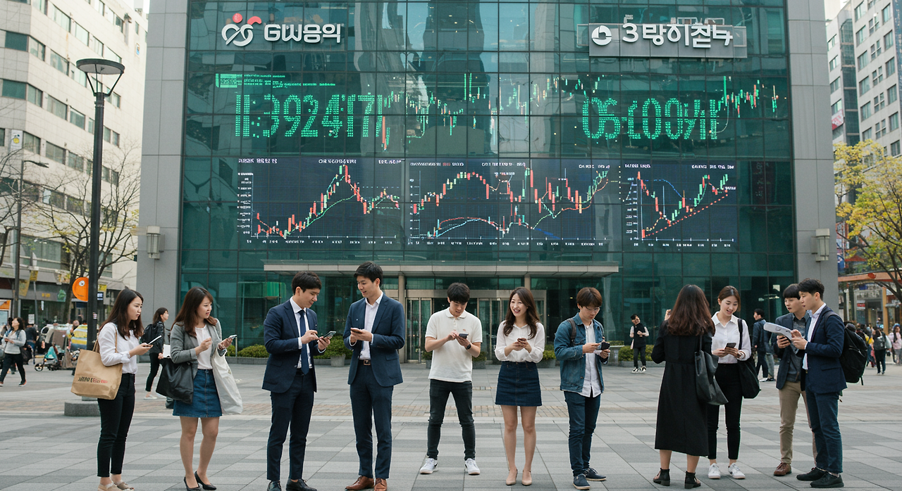 현대적인 한국 오피스 건물 앞에서 투자에 대해 토론하는 젊은 직장인들