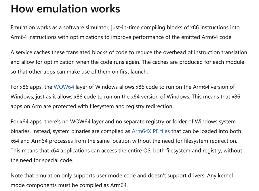 Microsoft Learn 문서의 How emulation works 문단: 에뮬레이션은 소프트웨어 시뮬레이터이고 사용자 모드 코드만 지원하며 드라이버는 지원하지 않아 커널 모드 구성요소는 Arm64로 컴파일해야 한다는 문장
