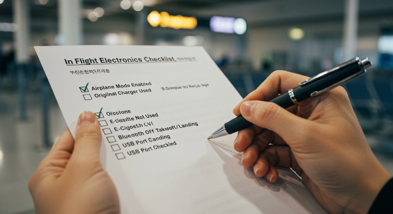 기내 전자기기 사용을 위한 탑승 전 체크리스트를 확인하는 모습