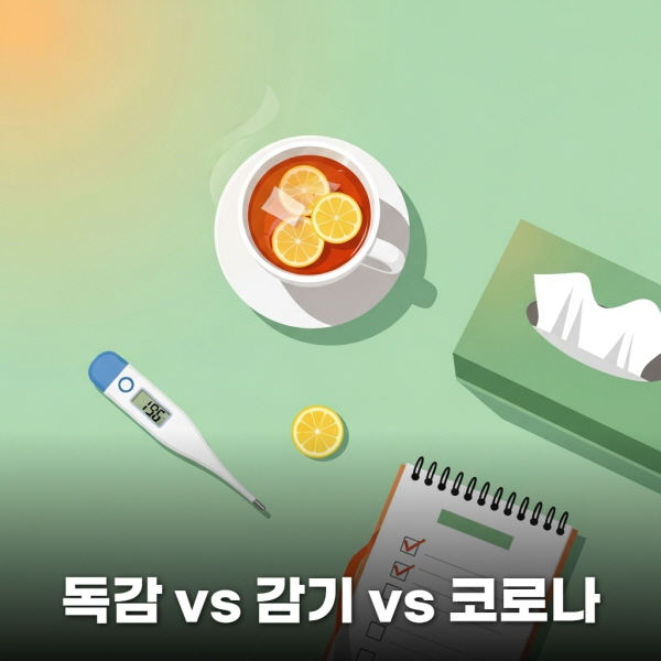 2025년 겨울철 건강 관리를 위한 체온계, 따뜻한 차, 티슈가 놓여 있는 따뜻한 느낌의 일러스트