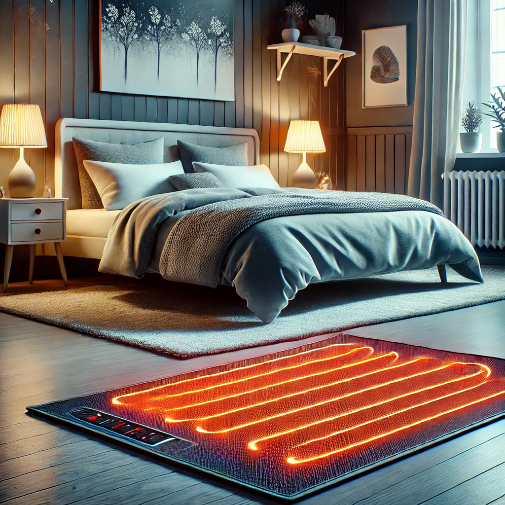 침실에서 침대 아래 설치된 카본매트와 따뜻한 난방