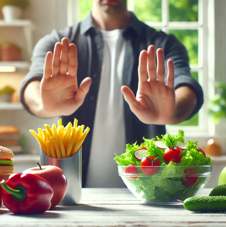 음식을 앞에두고 식욕을 억제하는 모습