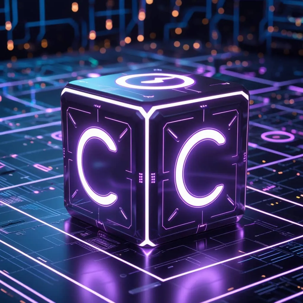 크로노스코인의 블록체인을 미래적 네온 파플 스타일의 블록으로 나타낸 이미지.