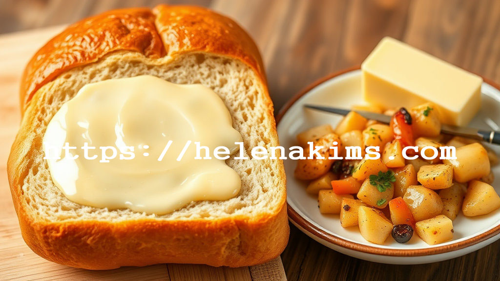 왼쪽 식빵 위에 버터와 오른쪽 마가린으로 볶음 요리 모습