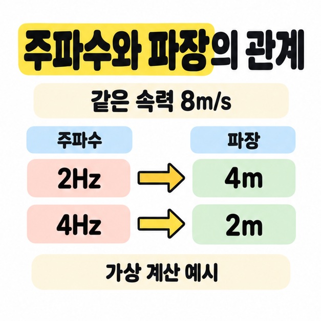 같은 속력 8m/s에서 주파수 2Hz는 파장 4m, 주파수 4Hz는 파장 2m로 대응시킨 가상 계산 예시