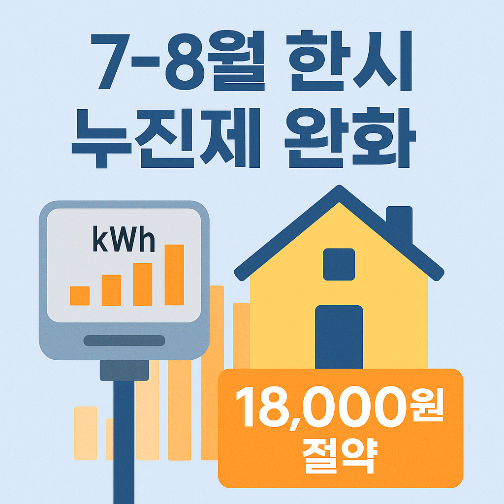 여름철 전기요금 누진제 한시 완화 안내 썸네일, 전력량 그래프와 주택 일러스트, 18,000원 절약 문구가 강조된 인포그래픽