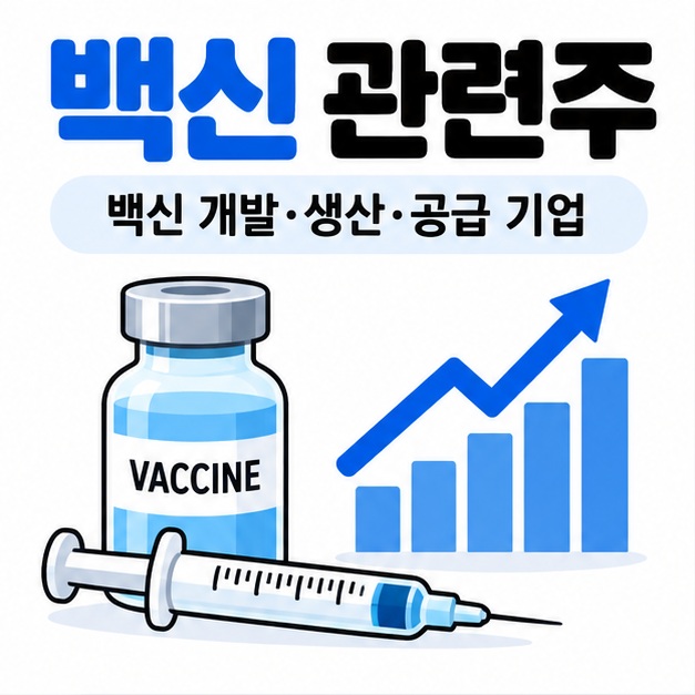 백신 관련주를 상징하는 백신 바이알과 주식 차트 아이콘 카드뉴스