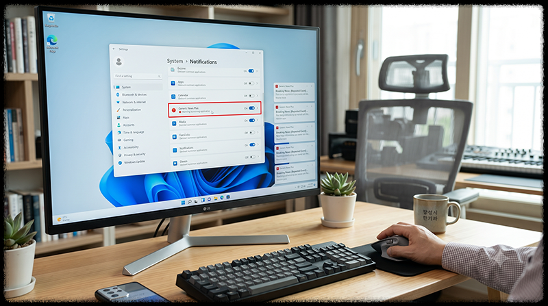 Windows 11 알림 설정에서 반복 팝업을 보내는 특정 앱을 찾아 알림을 끄는 모습