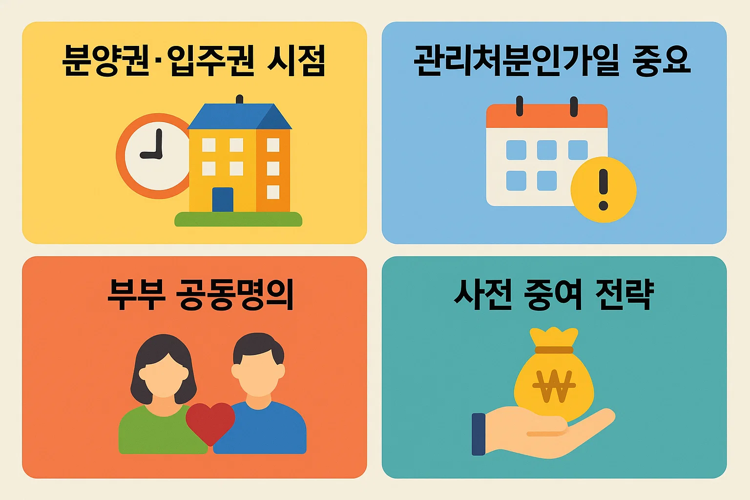 양도소득세 절세를 위해 분양권&middot;입주권 시점 관리, 관리처분인가일 중요성, 부부 공동명의 활용, 사전 증여 전략을 정리한 안내 이미지