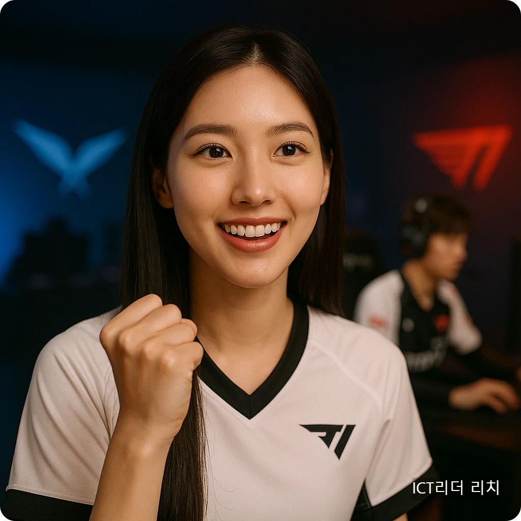 한국 20대 여성 모델이 경기복을 입고 LCK 경기를 응원하는 모습