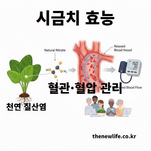 시금치 효능 중 천연 질산염이 산화질소로 전환돼 혈관을 이완하고 혈압 관리에 도움을 주는 원리 설명