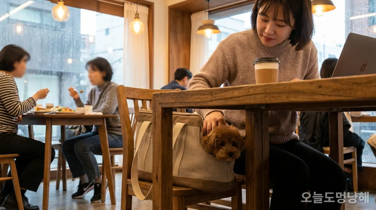 반려동물 동반 식당에서 이동장 안의 강아지를 차분하게 진정시키는 반려인의 모습