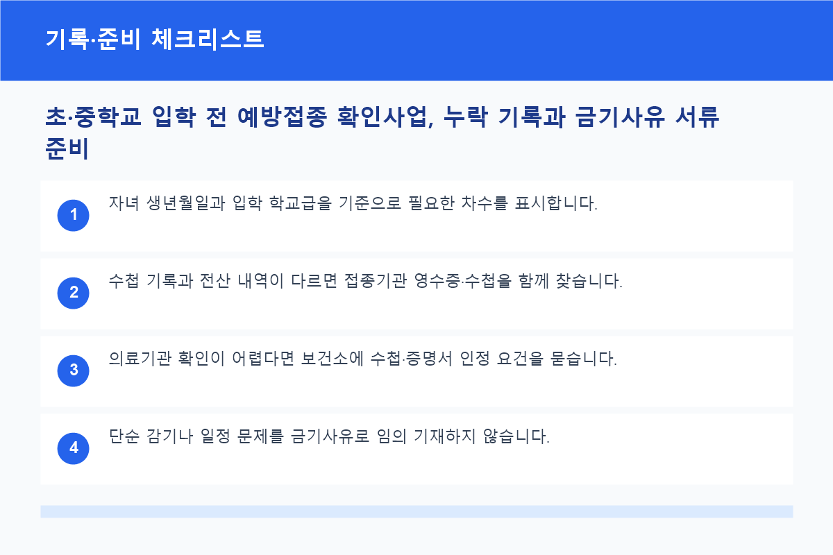 초·중학교 입학 전 예방접종 확인사업, 누락 기록과 금기사유 서류 준비 기록·준비 체크리스트 정보 이미지