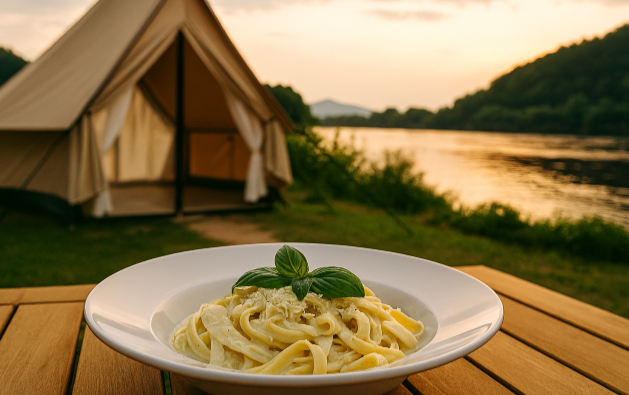 글램핑 음식 요리 바질 치즈 크림파스타