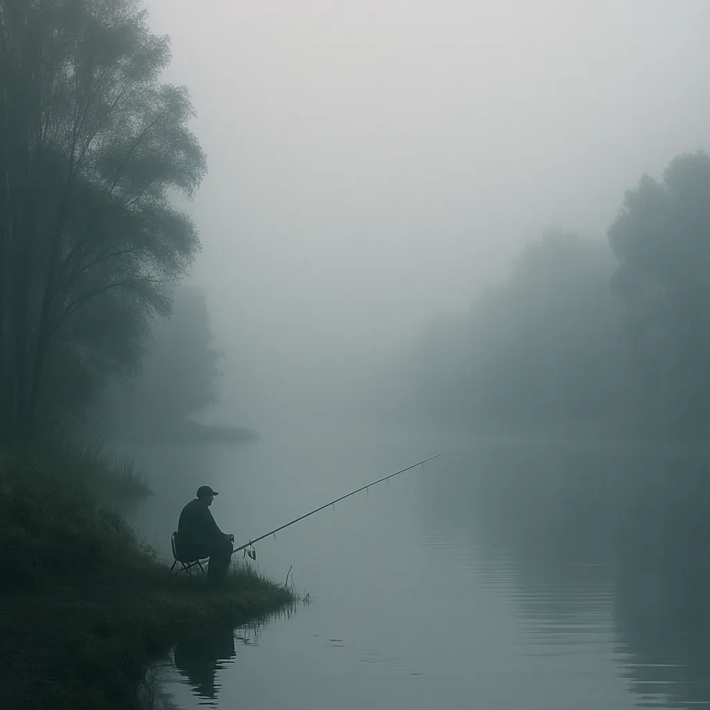 안개 낀 조용한 호숫가 낚시 풍경