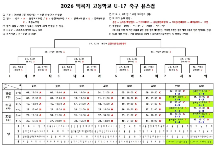 2026 백록기 고등학교 U17 유스컵 대진표(조편성 및 경기 일정, 7월 19일~8월 1일)