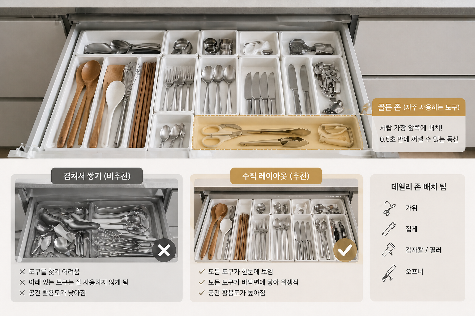 서랍안에 조립식 칸막이를 이용하여 깨끗하고 정돈된 커트러리의 이미지