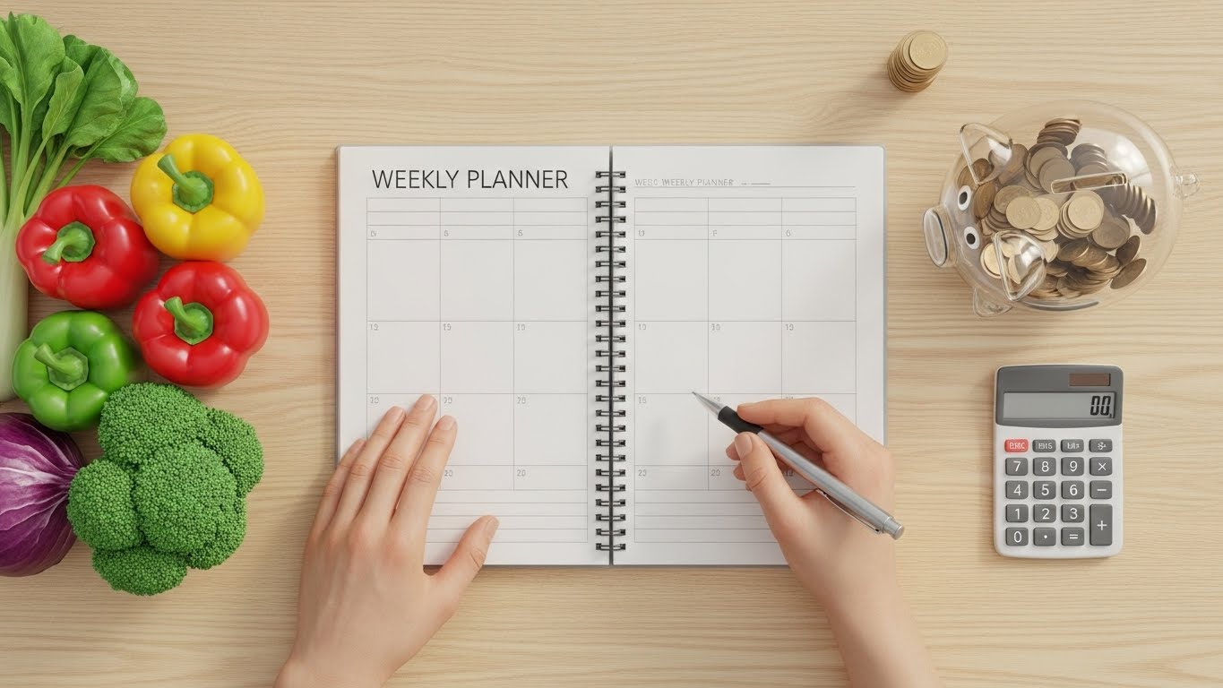 깨끗한 나무 식탁 위, 주간 식단표, 신선한 채소, 동전이 든 투명 돼지 저금통, 계산기가 놓여 있고, 한 사람이 식단 계획을 짜고 있는 모습을 위에서 내려다본 이미지