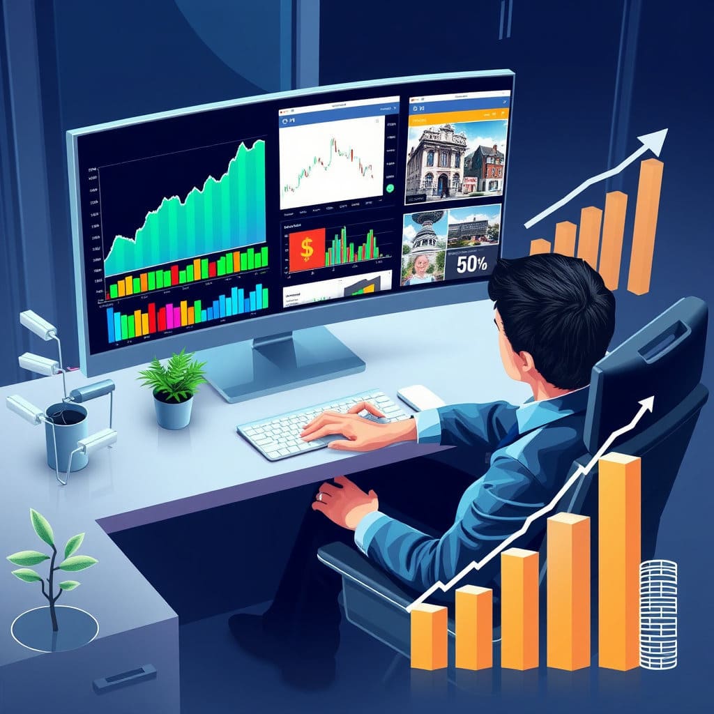 직원이 다양한 투자 상품(주식 그래프, 펀드 아이콘, 부동산 등)을 보며 직접 선택하고, 그 결과로 자산이 성장하는 모습을 표현합니다. 근로자 스스로 운용 책임을 지고 투자 성과에 따라 퇴직급여가 달라지는 DC형의 특징을 강조합니다.