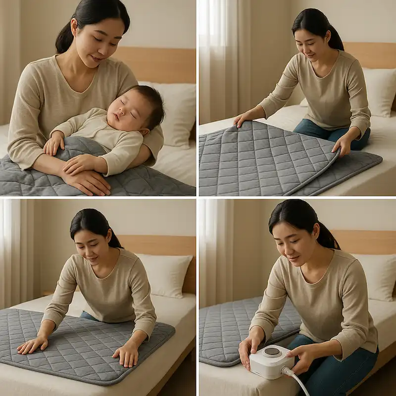 아기를 재우는 엄마의 모습과 온수매트를 설치하는 장면