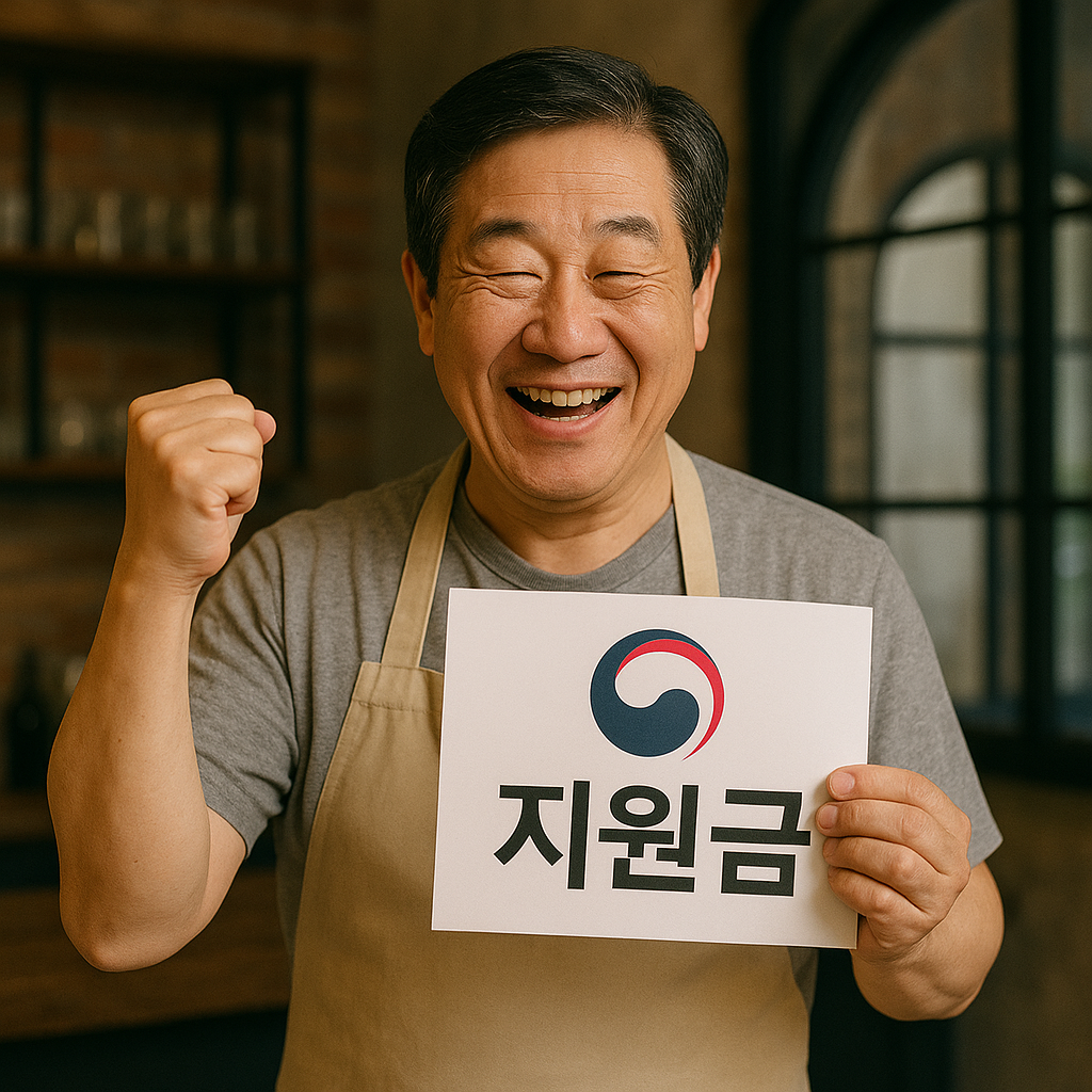 자영업 하는 사람이 정부에서 지원금을 받고 기뻐하는 이미지