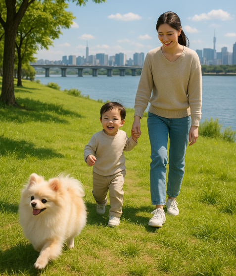 엄마손을 잡은 아기와 엄마가 한강에서 산책을 하고 그 잎에는 강아지도 같이 가고 있다