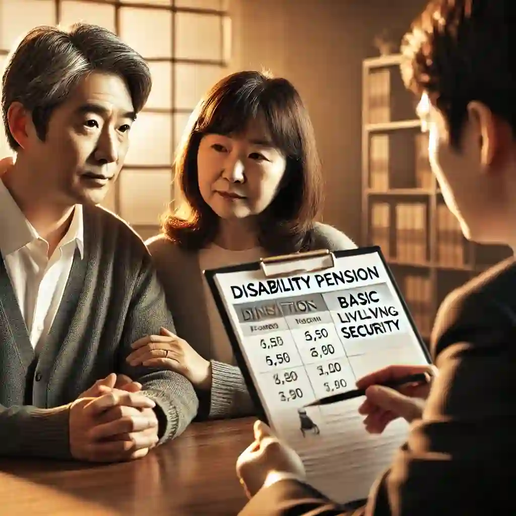 기초생활보장과 장애인연금 제도를 비교 설명 듣는 50대 부부