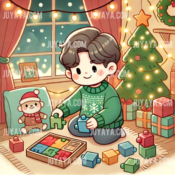 웹툰 스타일로 그려진 장면으로, 크리스마스 분위기 속에서 블록과 퍼즐로 놀이를 즐기는 아이의 모습. 배경에는 작은 크리스마스 트리와 장식 조명이 따뜻한 분위기를 더하고 있습니다.
